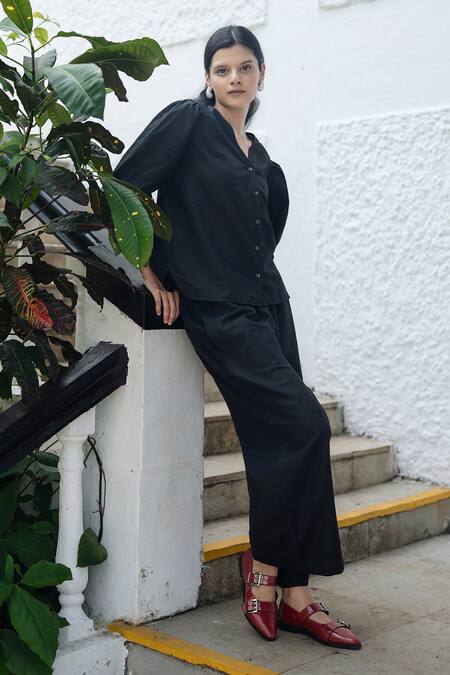 Shop_Raas Life_Black Linen, Cotton V-neck Missu Coord Set _at_Aza_Fashions