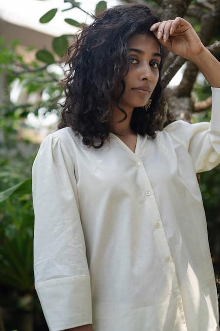 Buy_Raas Life_Off White Linen, Cotton V-neck Missu Coord Set _Online_at_Aza_Fashions