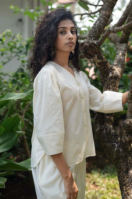 Shop_Raas Life_Off White Linen, Cotton V-neck Missu Coord Set _Online_at_Aza_Fashions