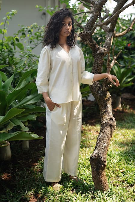 Shop_Raas Life_Off White Linen, Cotton V-neck Missu Coord Set _at_Aza_Fashions