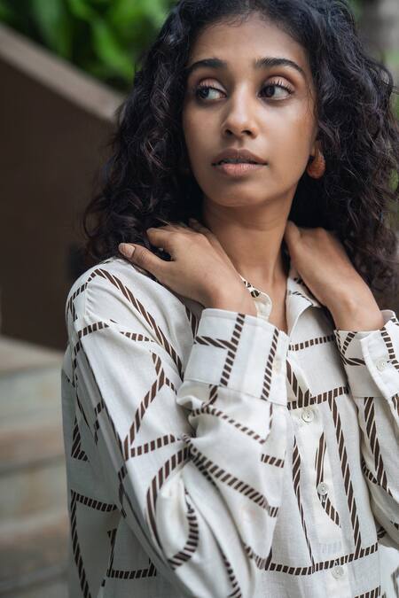 Shop_Raas Life_Cream Linen, Cotton Collared Geometric Print Pant Set _Online_at_Aza_Fashions