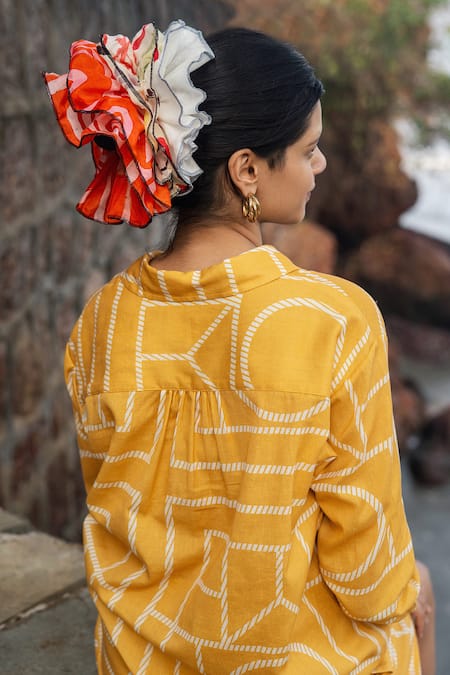 Shop_Raas Life_Mustard Linen, Cotton Collared Geometric Print Shirt And Shorts Set _at_Aza_Fashions