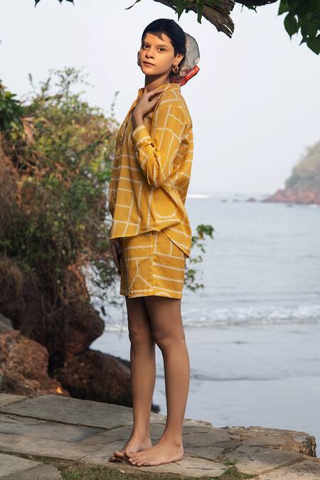 Shop_Raas Life_Mustard Linen, Cotton Collared Geometric Print Shirt And Shorts Set _Online_at_Aza_Fashions