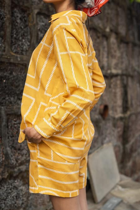 Raas Life_Mustard Linen, Cotton Collared Geometric Print Shirt And Shorts Set _at_Aza_Fashions