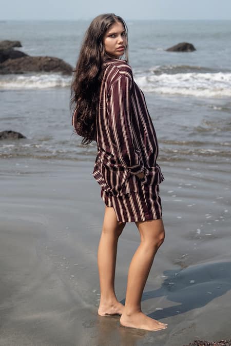 Shop_Raas Life_Brown Linen, Cotton Collared Falsa Stripe Diana Set _at_Aza_Fashions