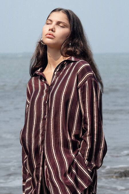 Raas Life_Brown Linen, Cotton Collared Falsa Stripe Diana Set _Online_at_Aza_Fashions
