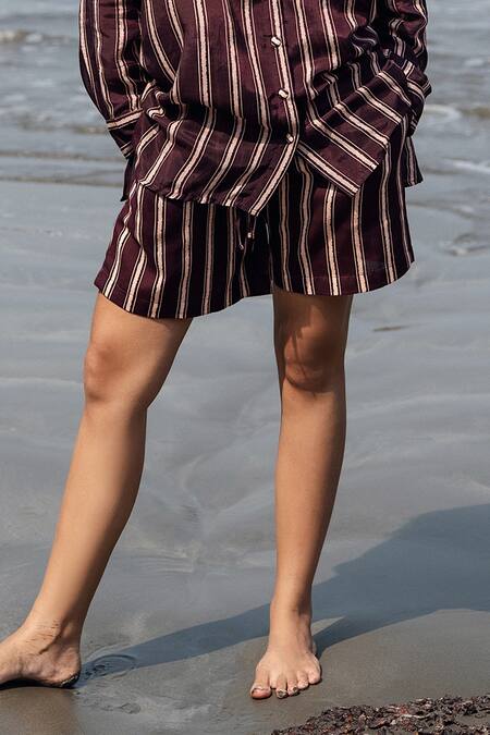 Buy_Raas Life_Brown Linen, Cotton Collared Falsa Stripe Diana Set _Online_at_Aza_Fashions