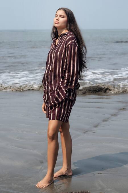 Shop_Raas Life_Brown Linen, Cotton Collared Falsa Stripe Diana Set _Online_at_Aza_Fashions