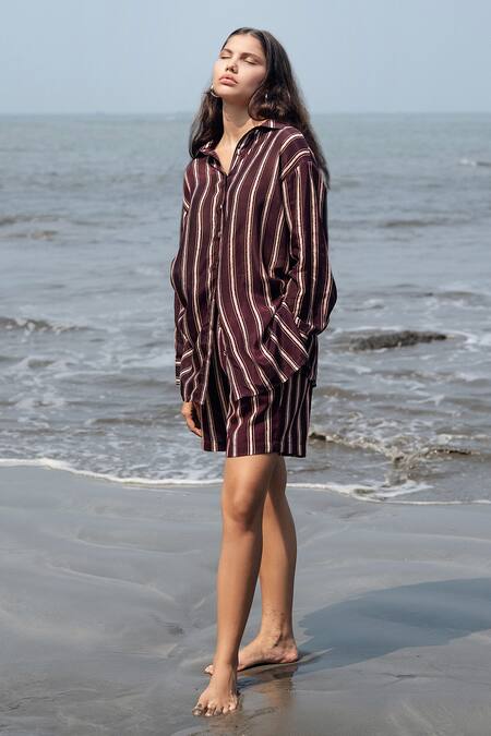 Raas Life_Brown Linen, Cotton Collared Falsa Stripe Diana Set _at_Aza_Fashions