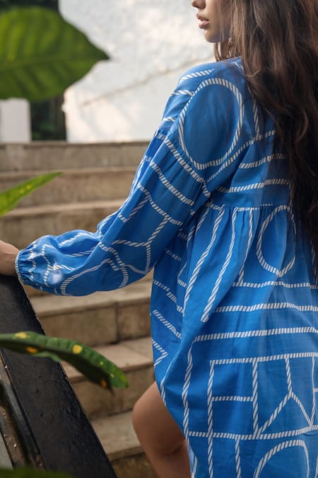 Buy_Raas Life_Blue Linen, Cotton Geometric Print Lolo Top And Shorts Set _Online_at_Aza_Fashions