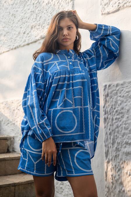 Raas Life_Blue Linen, Cotton Geometric Print Lolo Top And Shorts Set _at_Aza_Fashions