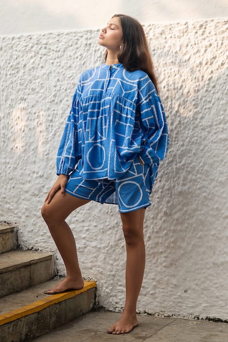 Shop_Raas Life_Blue Linen, Cotton Geometric Print Lolo Top And Shorts Set _at_Aza_Fashions