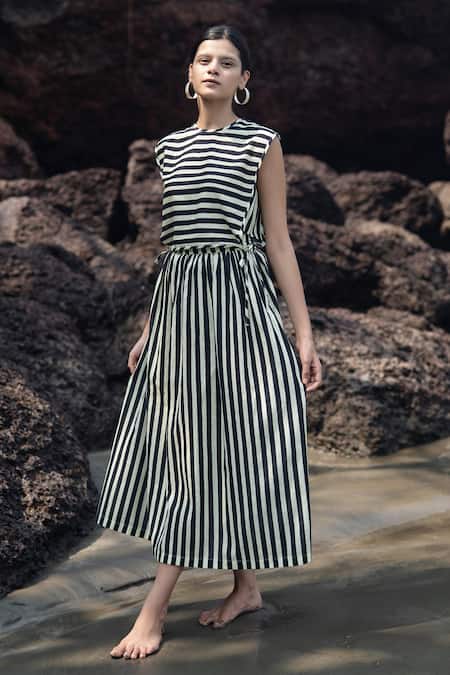 Raas Life_Black Linen, Cotton Round Neck Striped Wrap Skirt Set _Online_at_Aza_Fashions