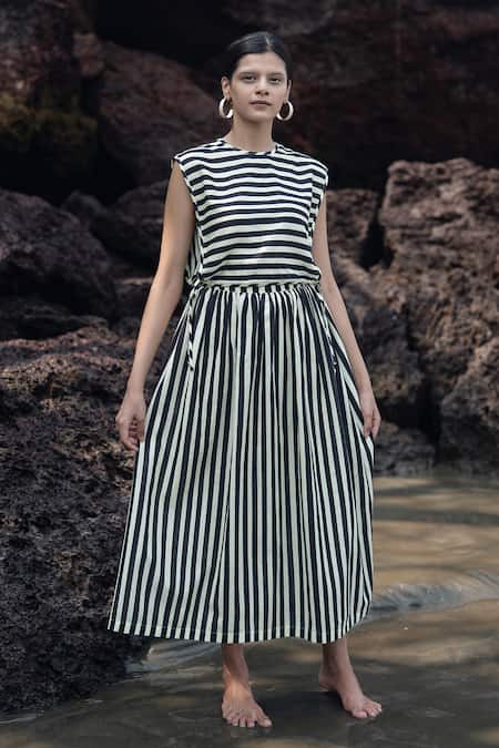 Shop_Raas Life_Black Linen, Cotton Round Neck Striped Wrap Skirt Set _at_Aza_Fashions