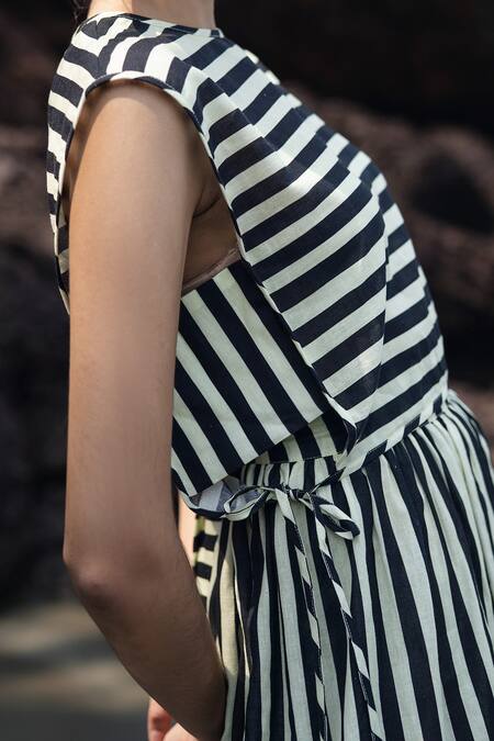 Buy_Raas Life_Black Linen, Cotton Round Neck Striped Wrap Skirt Set _Online_at_Aza_Fashions