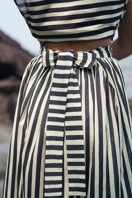 Shop_Raas Life_Black Linen, Cotton Round Neck Striped Wrap Skirt Set _Online_at_Aza_Fashions