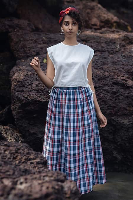 Buy_Raas Life_White Linen, Cotton Round Neck Madras Checks Wrap Skirt Set _Online_at_Aza_Fashions