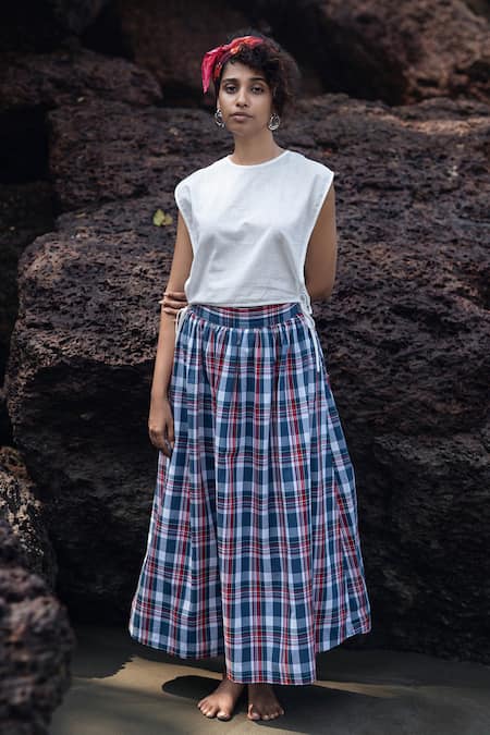 Shop_Raas Life_White Linen, Cotton Round Neck Madras Checks Wrap Skirt Set _at_Aza_Fashions