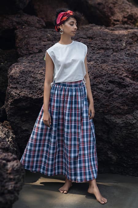 Shop_Raas Life_White Linen, Cotton Round Neck Madras Checks Wrap Skirt Set _Online_at_Aza_Fashions
