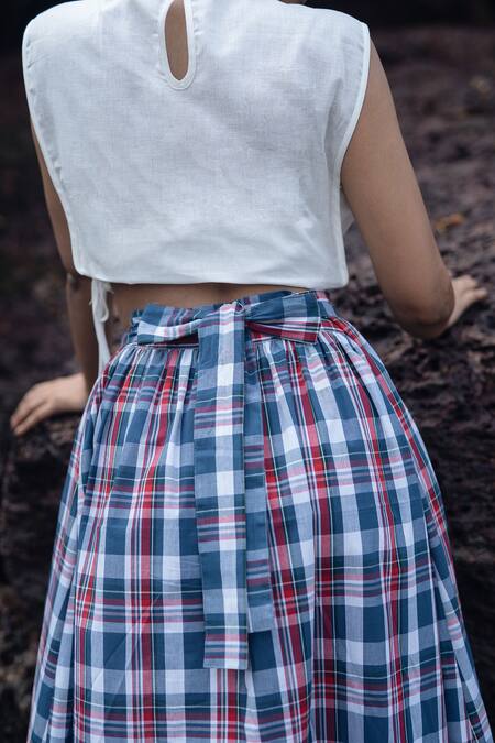 Raas Life_White Linen, Cotton Round Neck Madras Checks Wrap Skirt Set _at_Aza_Fashions