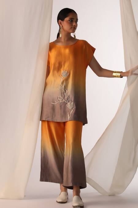 Myoho_Multi Color Linen, Satin Embroidery Round Neck Multicolor Hand Top And Pant Set _Online_at_Aza_Fashions