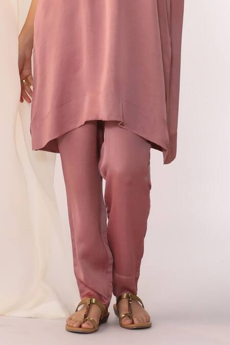 Myoho_Peach Linen, Satin Embroidery V-neck Hand Tunic And Pant Set _Online_at_Aza_Fashions