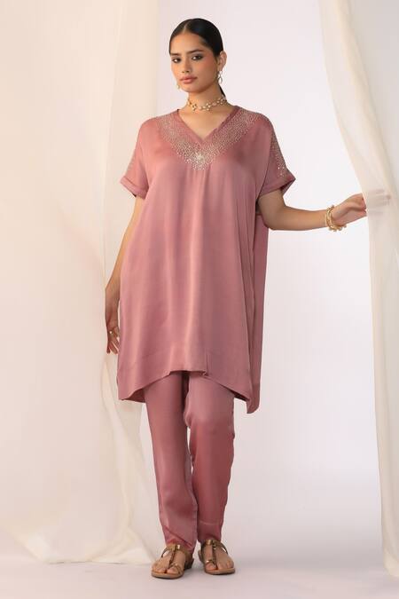 Buy_Myoho_Peach Linen, Satin Embroidery V-neck Hand Tunic And Pant Set _Online_at_Aza_Fashions