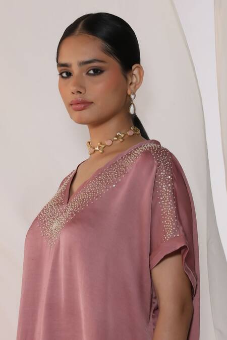 Shop_Myoho_Peach Linen, Satin Embroidery V-neck Hand Tunic And Pant Set _Online_at_Aza_Fashions