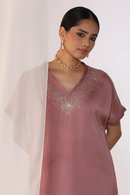 Myoho_Peach Linen, Satin Embroidery V-neck Hand Tunic And Pant Set _at_Aza_Fashions