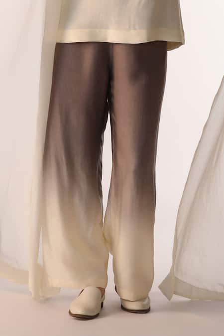 Myoho_Gray Linen, Satin Embroidery Round Neck Ombre Hand Top And Pant Set _Online_at_Aza_Fashions