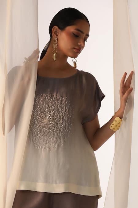 Buy_Myoho_Gray Linen, Satin Embroidery Round Neck Ombre Hand Top And Pant Set _Online_at_Aza_Fashions