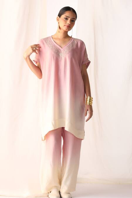 Myoho_Pink Linen, Satin Beads V-neck Hand Embroidered Kurta Set _Online_at_Aza_Fashions