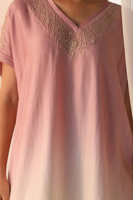 Shop_Myoho_Pink Linen, Satin Beads V-neck Hand Embroidered Kurta Set _Online_at_Aza_Fashions