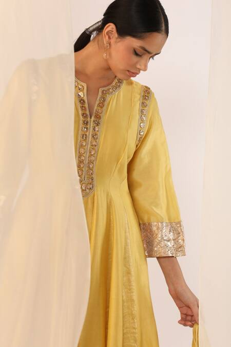 Myoho_Yellow Chanderi Silk Embroidery Round Neck Anarkali Set _Online_at_Aza_Fashions