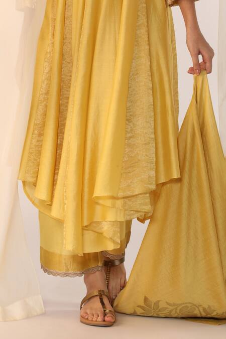 Buy_Myoho_Yellow Chanderi Silk Embroidery Round Neck Anarkali Set _Online_at_Aza_Fashions