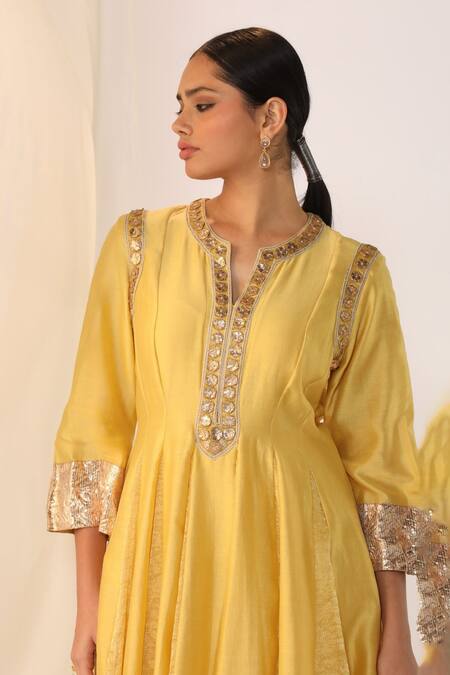 Shop_Myoho_Yellow Chanderi Silk Embroidery Round Neck Anarkali Set _Online_at_Aza_Fashions