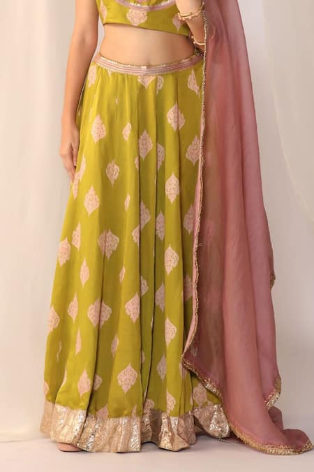 Myoho_Green Satin, Chiffon Embroidery Round Neck Hand Lehenga Set _Online_at_Aza_Fashions