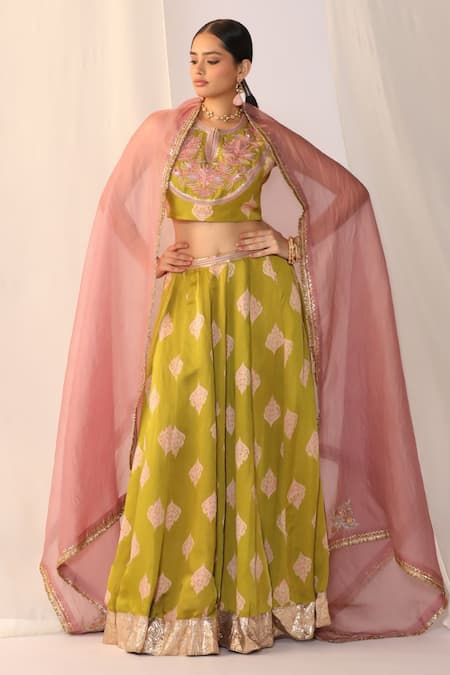 Myoho Green Hand Embroidered Lehenga Set 