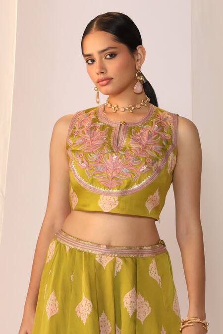 Buy_Myoho_Green Satin, Chiffon Embroidery Round Neck Hand Lehenga Set _Online_at_Aza_Fashions