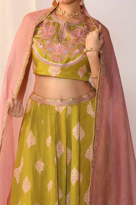 Shop_Myoho_Green Satin, Chiffon Embroidery Round Neck Hand Lehenga Set _Online_at_Aza_Fashions