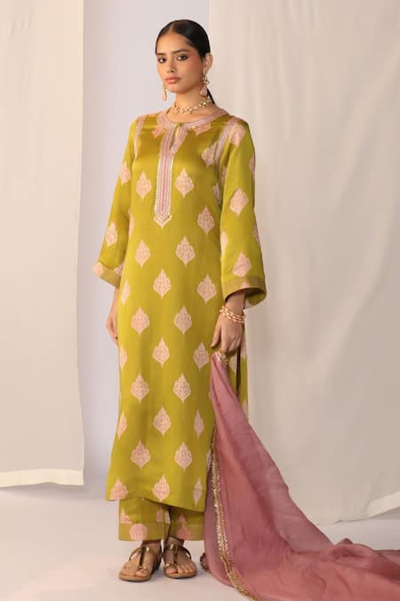 Myoho_Green Satin Embroidery Round Neck Hand Kurta Set _Online_at_Aza_Fashions