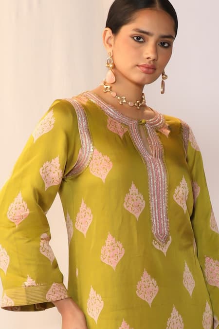 Shop_Myoho_Green Satin Embroidery Round Neck Hand Kurta Set _Online_at_Aza_Fashions
