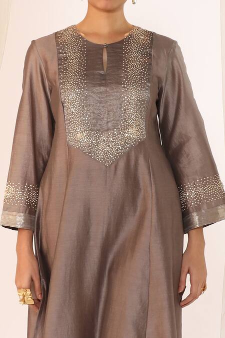 Buy_Myoho_Gray Chanderi Embroidery Keyhole Neck Grey Hand Kurta Set _Online_at_Aza_Fashions
