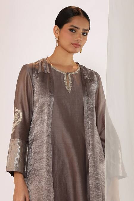Myoho_Gray Chanderi Embroidery Keyhole Neck Grey Hand Kurta Set With Cape _Online_at_Aza_Fashions