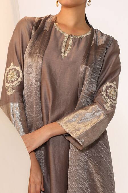 Buy_Myoho_Gray Chanderi Embroidery Keyhole Neck Grey Hand Kurta Set With Cape _Online_at_Aza_Fashions
