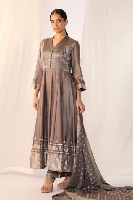 Myoho_Gray Chanderi Embroidery V-neck Grey Hand Anarkali Set _Online_at_Aza_Fashions