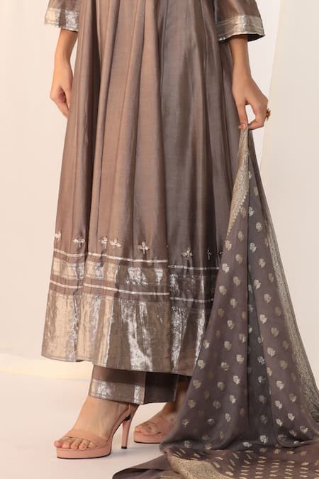 Buy_Myoho_Gray Chanderi Embroidery V-neck Grey Hand Anarkali Set _Online_at_Aza_Fashions