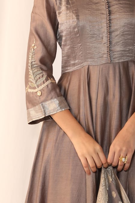 Shop_Myoho_Gray Chanderi Embroidery V-neck Grey Hand Anarkali Set _Online_at_Aza_Fashions