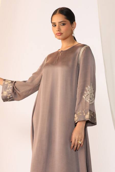 Myoho Gray Linen, Satin Embroidery Round , Keyhole Straight Kurta With Pant at Aza Fashions Myoho_Gray Linen, Satin Embroidery Round , Keyhole Straight Kurta With Pant _at_Aza_Fashions