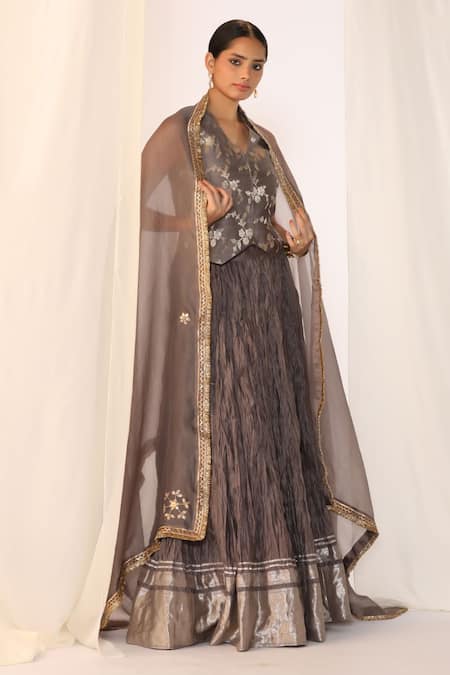 Myoho_Gray Chanderi, Brocade V-neck Grey Fusion Lehenga Set With Waistcoat And Dupatta _Online_at_Aza_Fashions